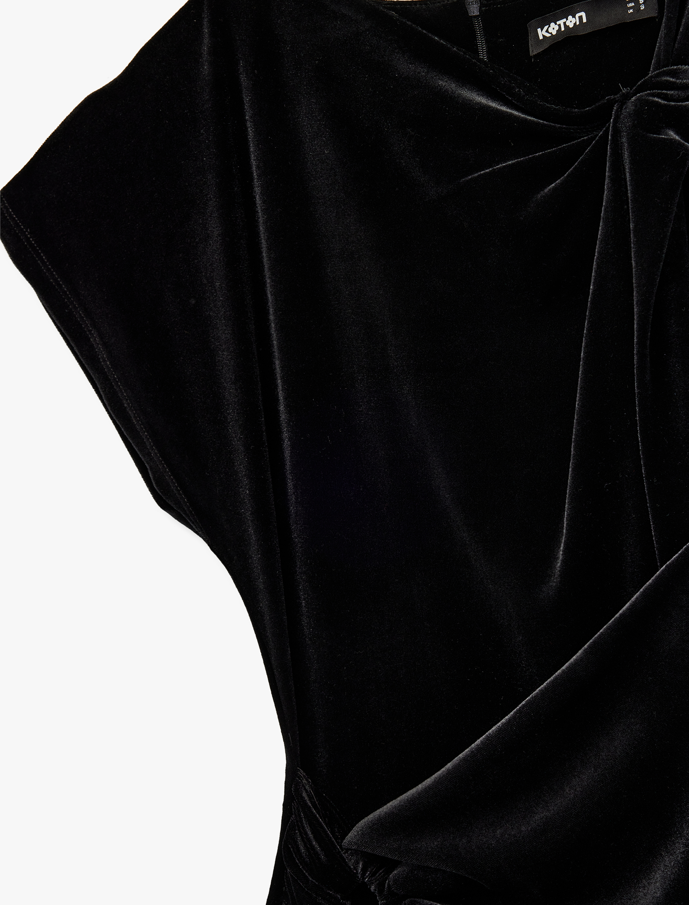   Slim Fit Asimetrik Yaka Düğüm Detaylı Kruvaze Kadife Elbise