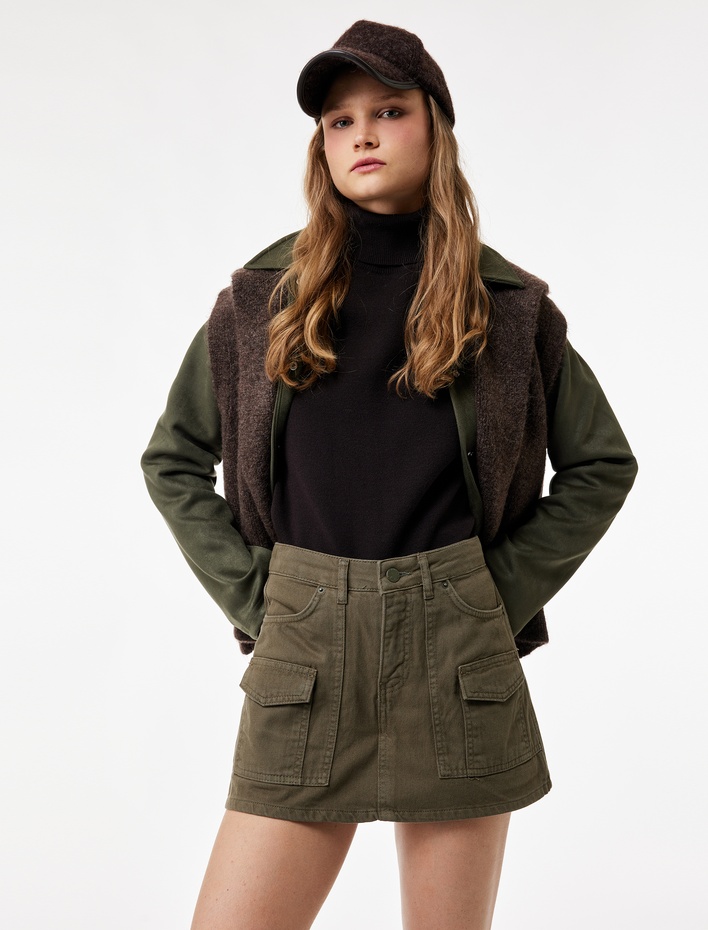  Pamuklu Kargo Cep Detaylı A Kesim Mini Etek