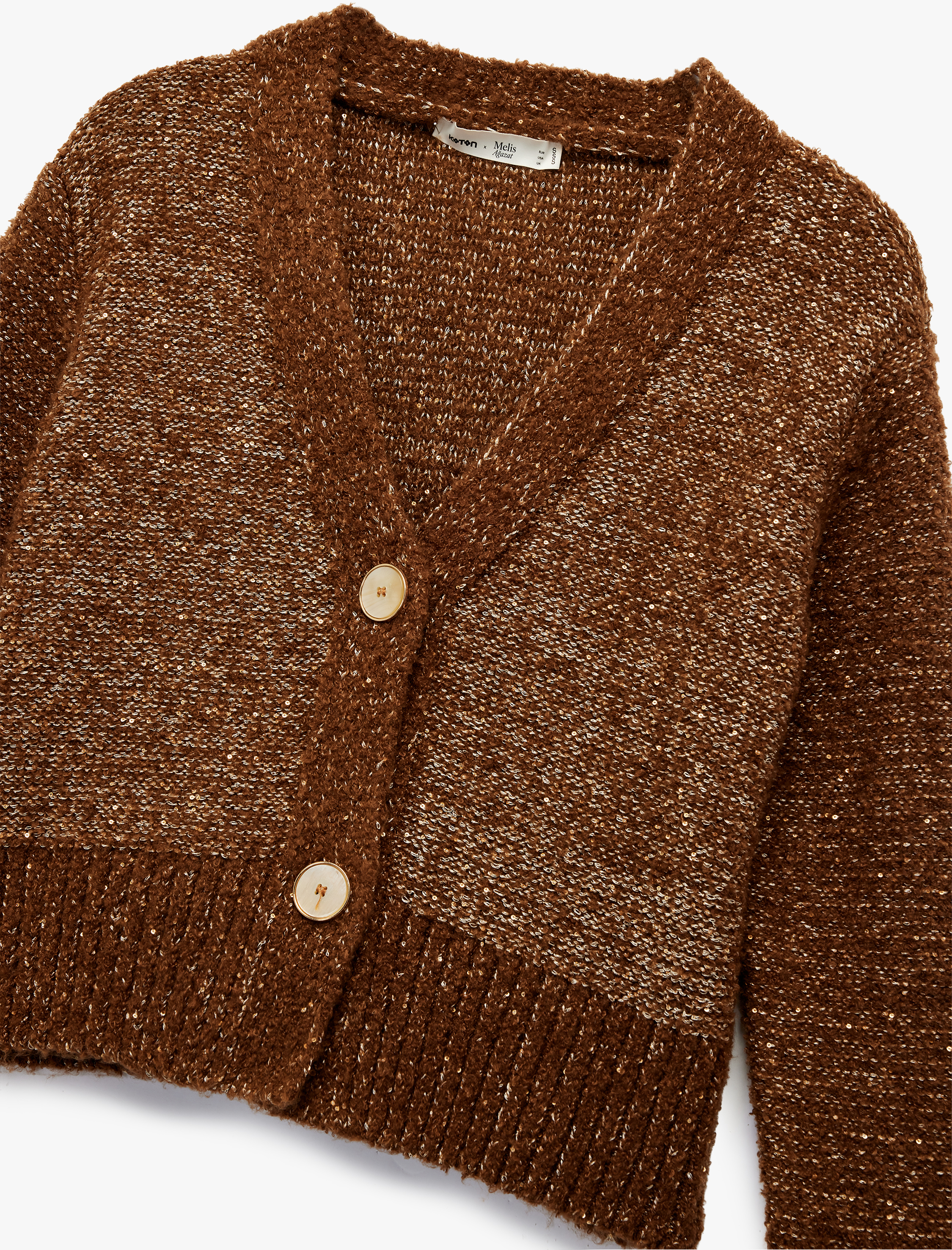   Koton X Melis Ağazat - Uzun Kollu V Yaka Pullu Payetli Parıltılı Triko Crop Hırka