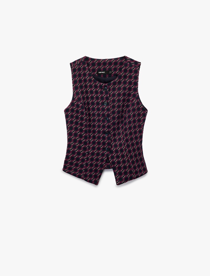  Slim Fit Bisiklet Yaka Düğmeli Desenli Yelek