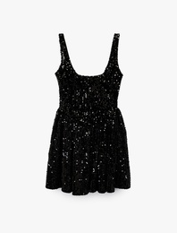 Koton X Sibil Çetinkaya -  Pullu Payetli Kolsuz U Yaka Volanlı Mini Abiye Elbise