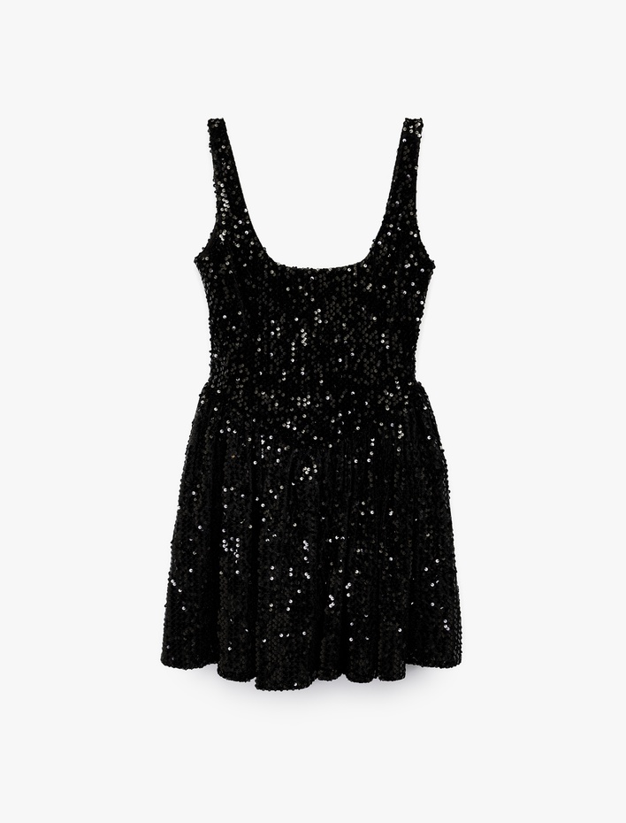  Koton X Sibil Çetinkaya -  Pullu Payetli Kolsuz U Yaka Volanlı Mini Abiye Elbise