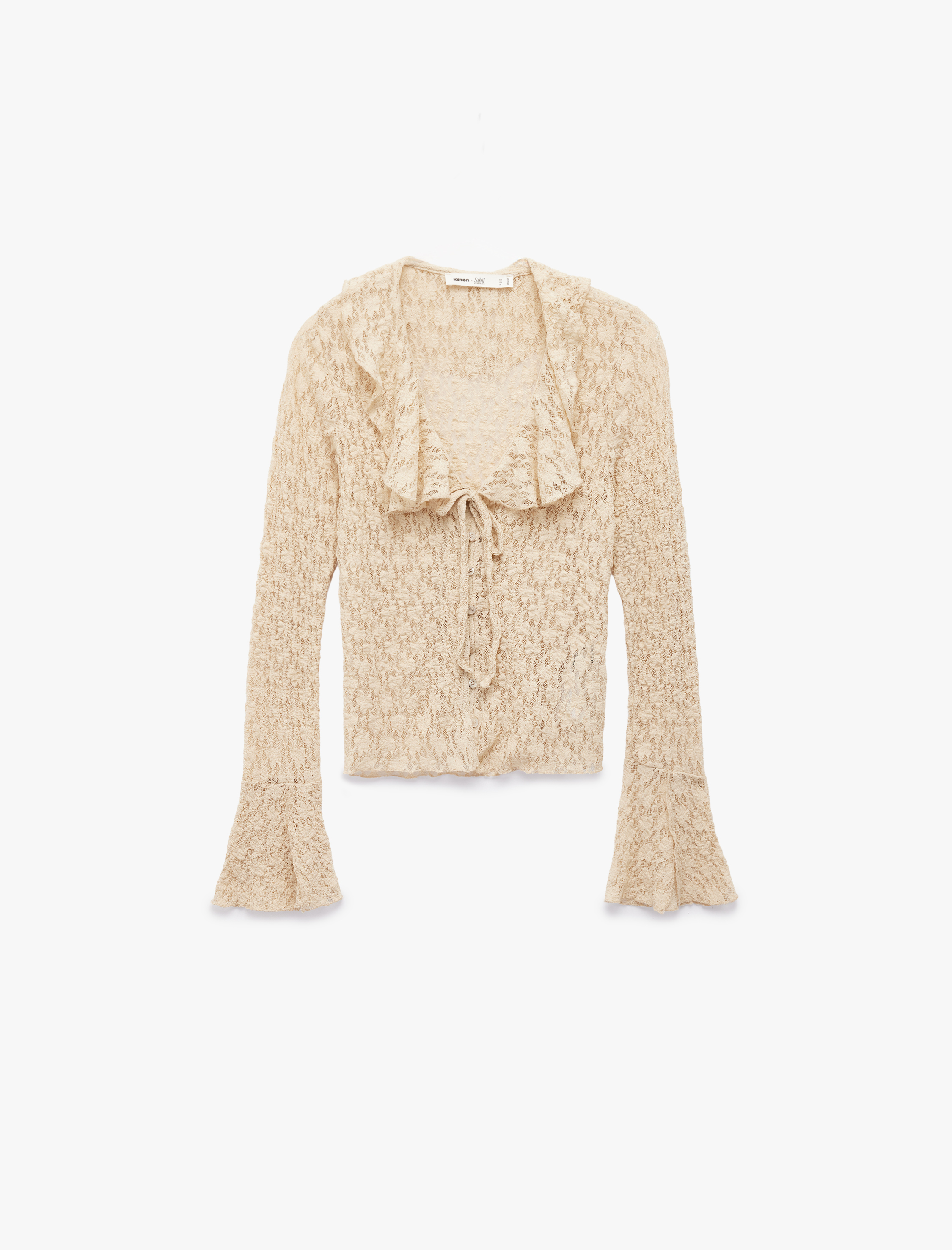   Koton X Sibil Çetinkaya - Uzun İspanyol Kollu V Yaka Bağlamalı Fırfırlı Dantelli Bluz