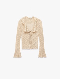 Koton X Sibil Çetinkaya - Uzun İspanyol Kollu V Yaka Bağlamalı Fırfırlı Dantelli Bluz