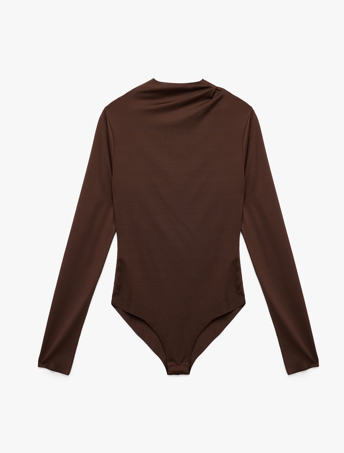  Slim Fit Hafif Dik Yaka Drape Detaylı Uzun Kollu Bodysuit
