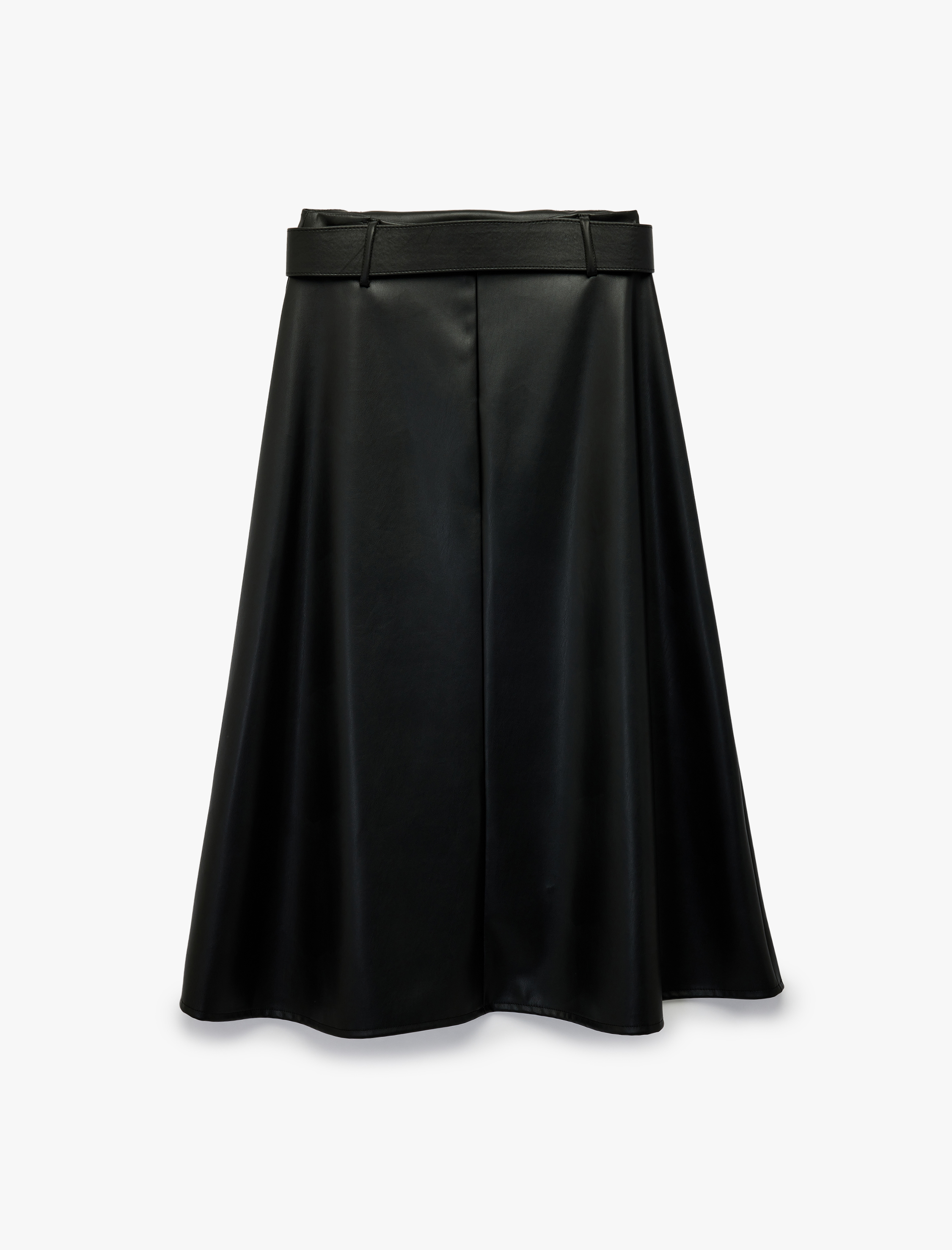   Çan Kesim Midi Kemerli Suni Deri Etek