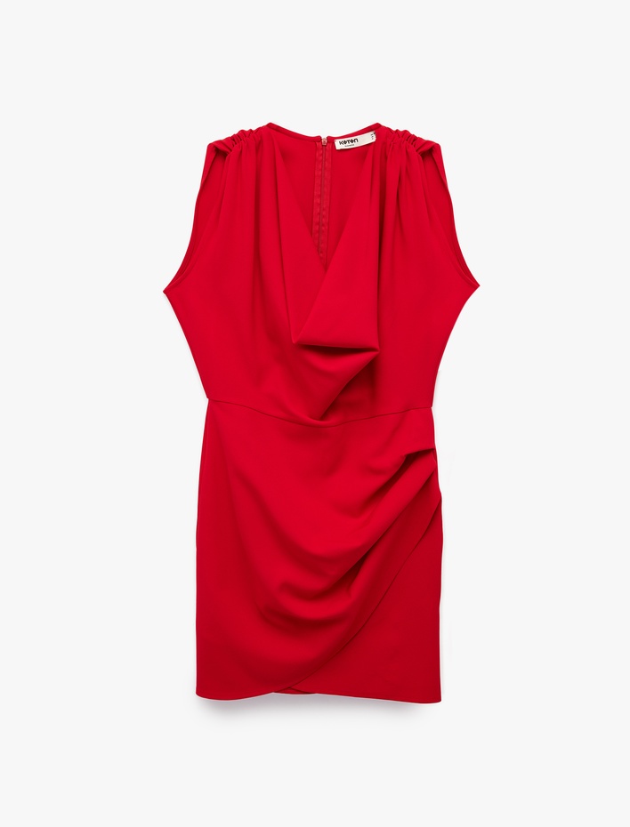  Degaje Yaka Kolsuz Drapeli Mini Elbise