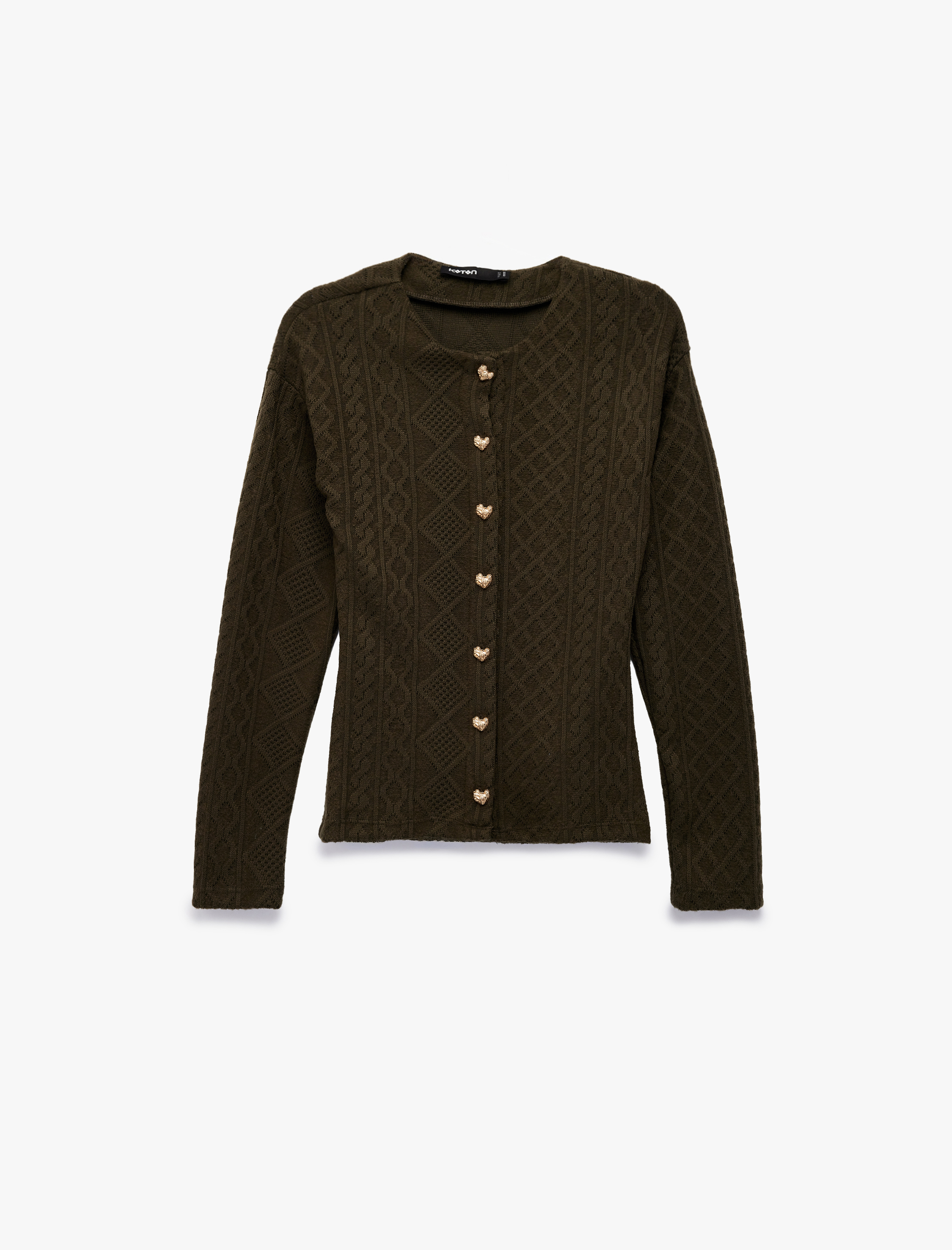   Slim Fit Uzun Kollu Kalpli Düğme Detaylı Bisiklet Yaka Saç Örgü Hırka