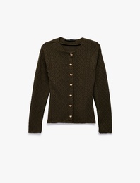 Slim Fit Uzun Kollu Kalpli Düğme Detaylı Bisiklet Yaka Saç Örgü Hırka