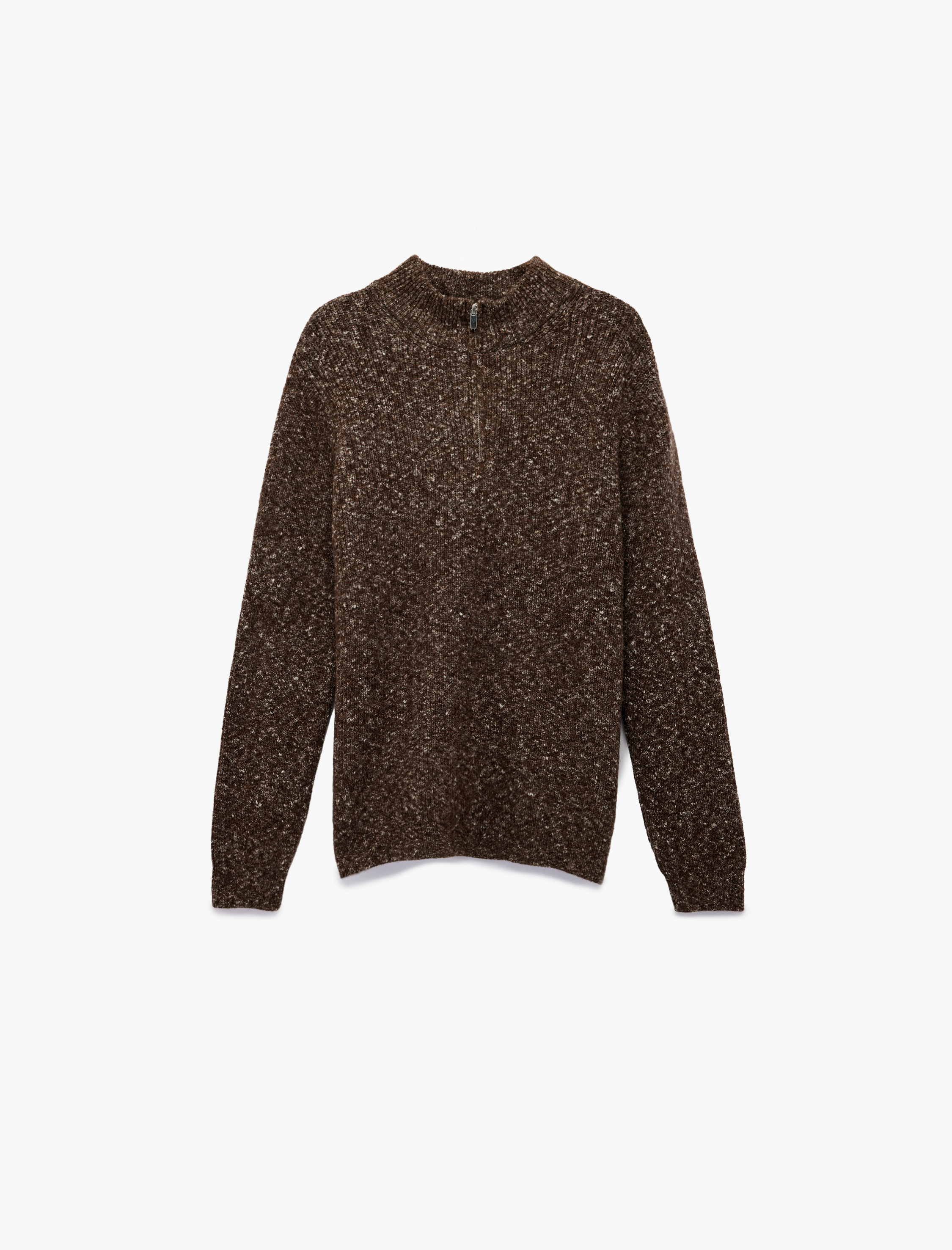   Uzun Kollu Desenli Yarım Fermuarlı Triko Kazak