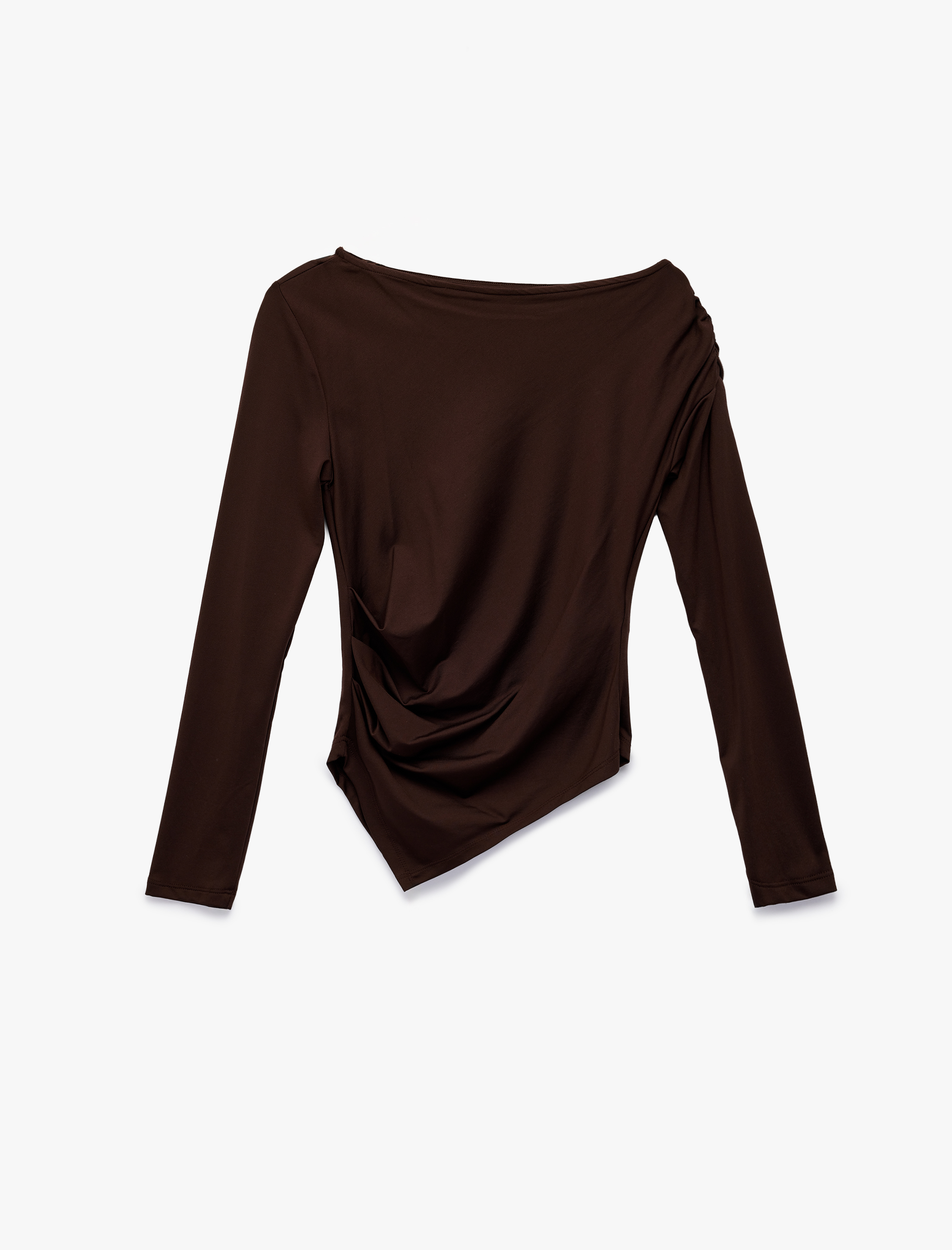   Slim Fit Asimetrik Kesim Drapeli Uzun Kollu Tişört