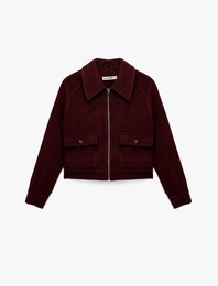 Uzun Kollu Klasik Yaka Cep Detaylı Oversize Fermuarlı Ceket