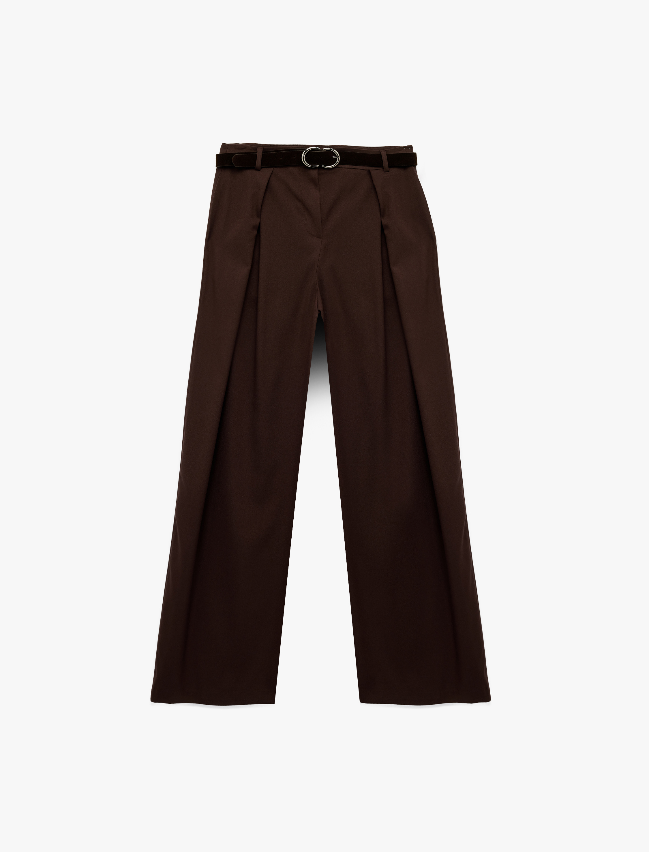   Viskon Karışımlı Kemerli Pileli Geniş Paça Kumaş Pantolon