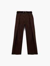 Viskon Karışımlı Kemerli Pileli Geniş Paça Kumaş Pantolon