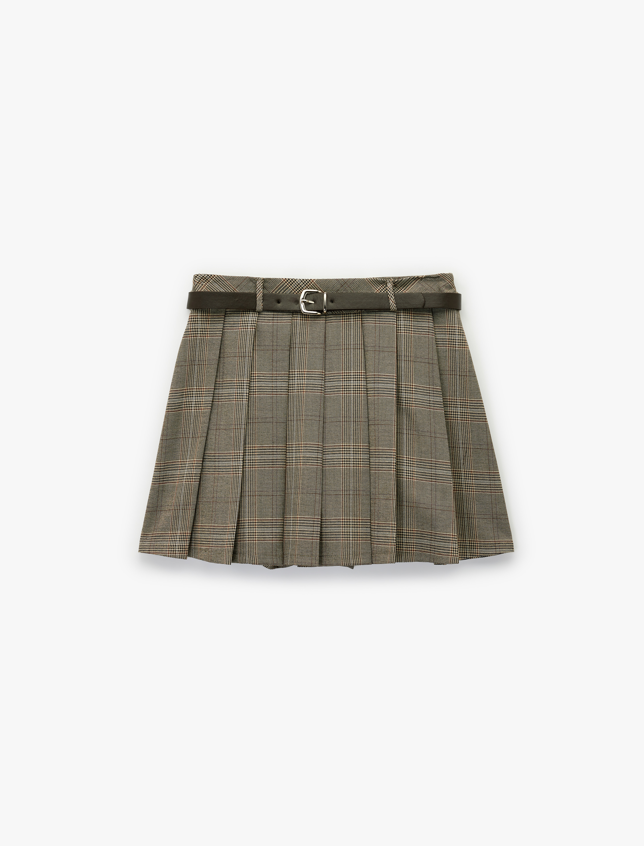   Viskon Karışımlı Kemer Detaylı Kalın Pileli Ekoseli Mini Etek