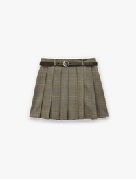 Viskon Karışımlı Kemer Detaylı Kalın Pileli Ekoseli Mini Etek