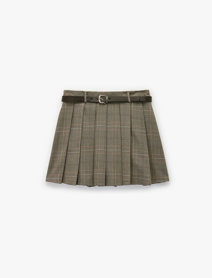  Viskon Karışımlı Kemer Detaylı Kalın Pileli Ekoseli Mini Etek