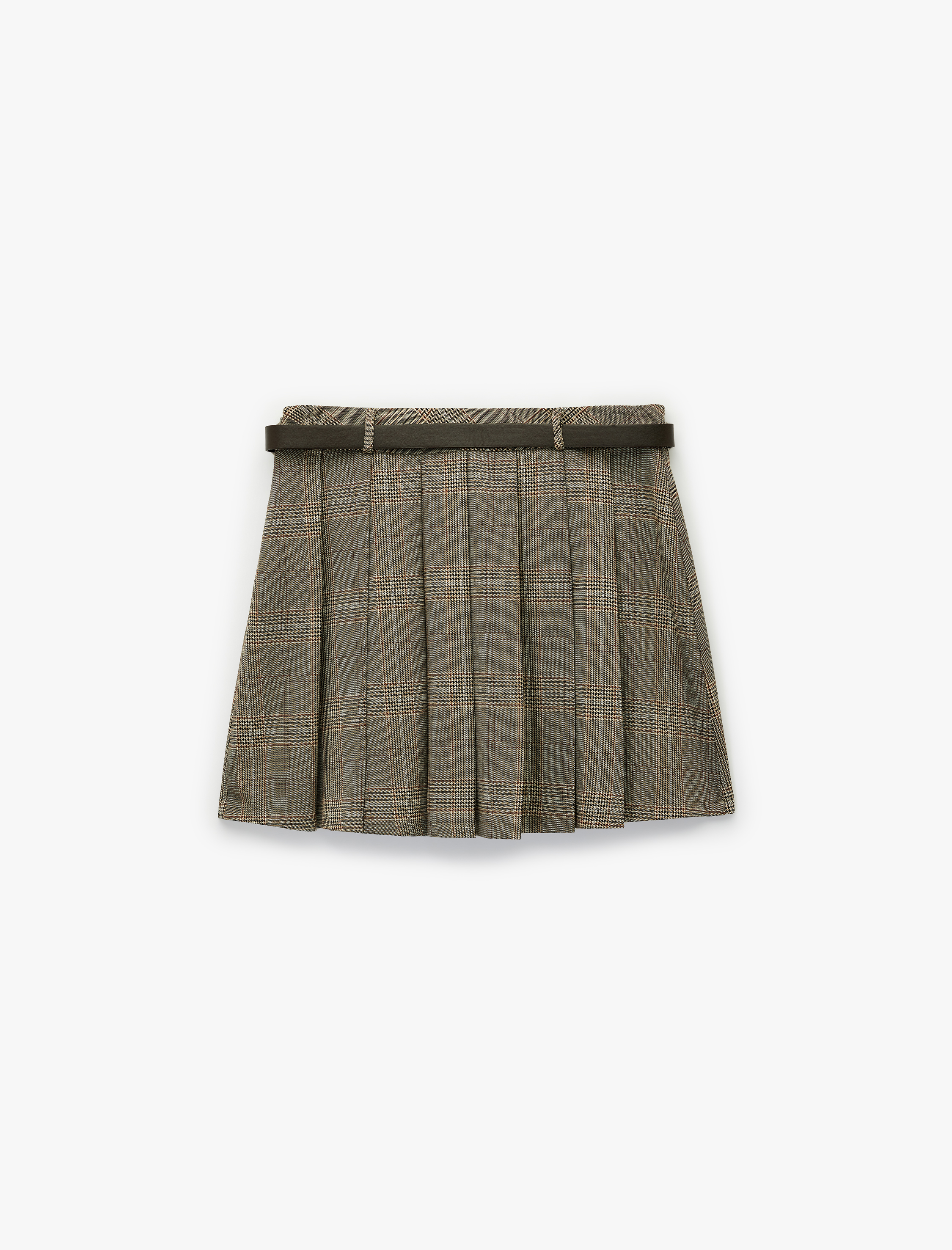   Viskon Karışımlı Kemer Detaylı Kalın Pileli Ekoseli Mini Etek