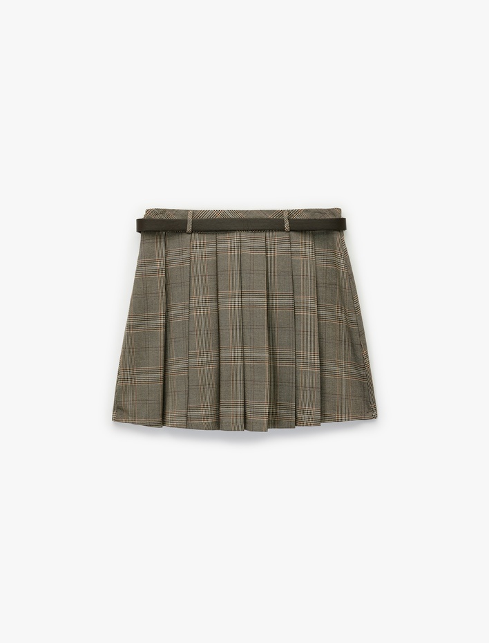  Viskon Karışımlı Kemer Detaylı Kalın Pileli Ekoseli Mini Etek