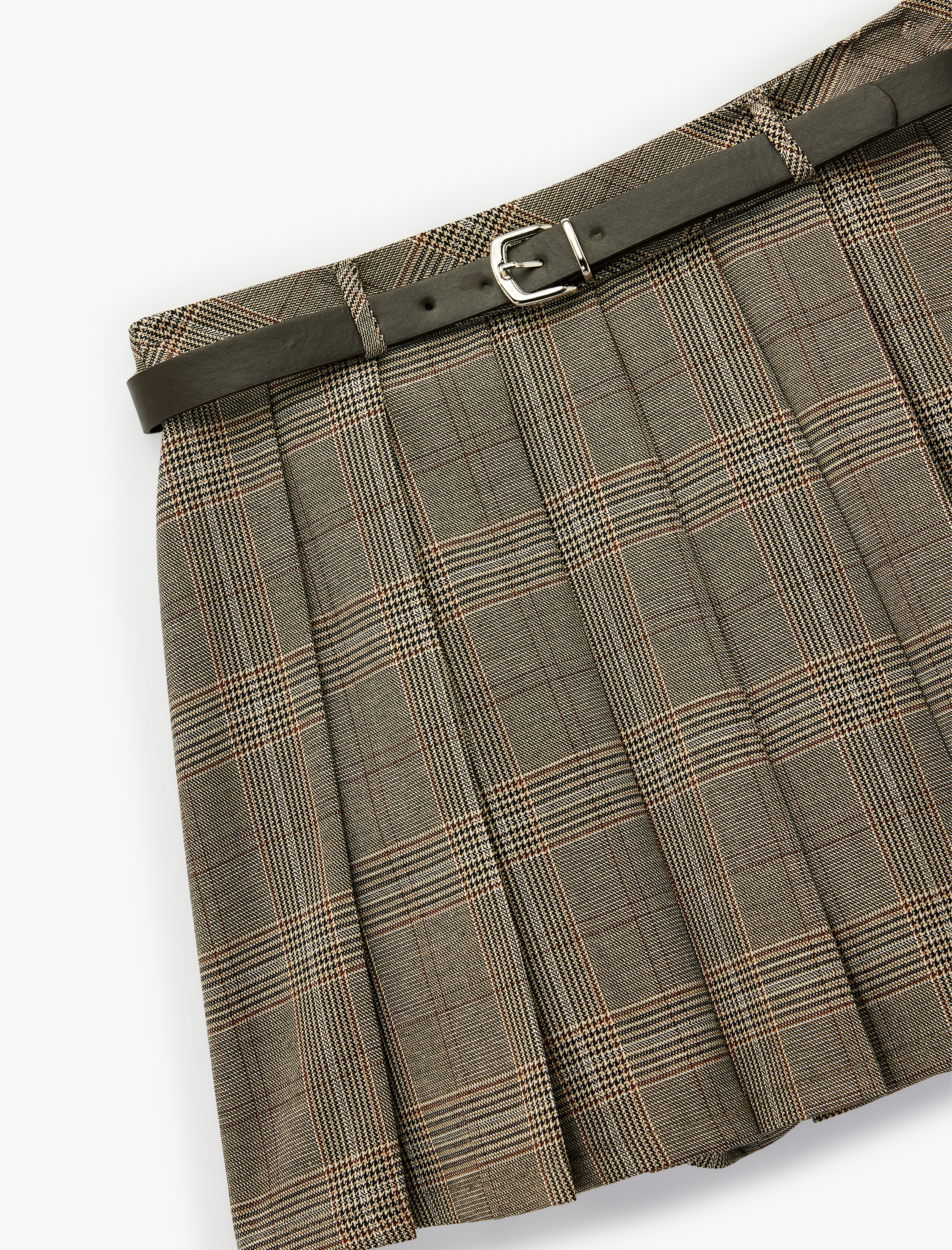   Viskon Karışımlı Kemer Detaylı Kalın Pileli Ekoseli Mini Etek