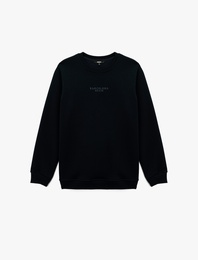 Regular Fit Basic Şardonlu Bisiklet Yaka Baskılı Sweatshirt