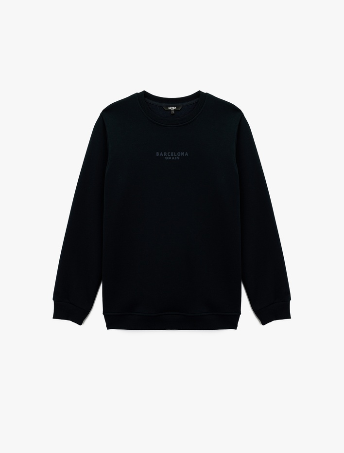  Regular Fit Basic Şardonlu Bisiklet Yaka Baskılı Sweatshirt