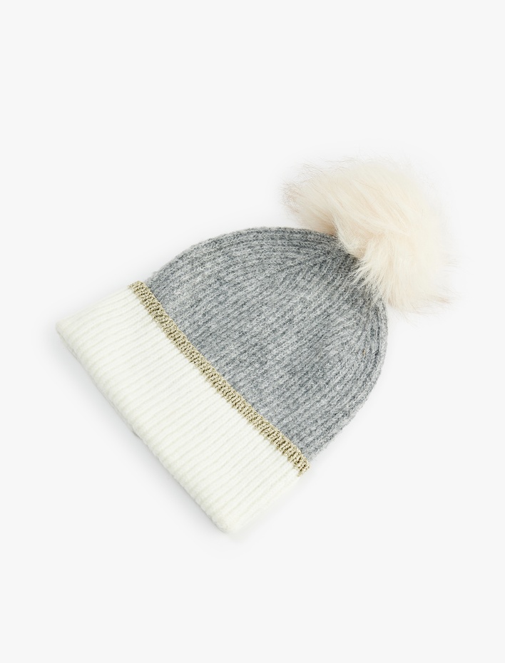 Kadın Pon Pon Detaylı Katlı Renk Bloklu Örgü Bere