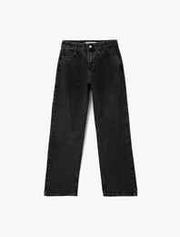 Düğmeli Cepli Pamuklu Normal Bel Düz Paça Taşlı Jean Pantolon - Straight Fit Jean