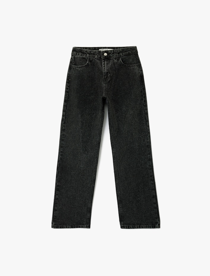  Düğmeli Cepli Pamuklu Normal Bel Düz Paça Taşlı Jean Pantolon - Straight Fit Jean