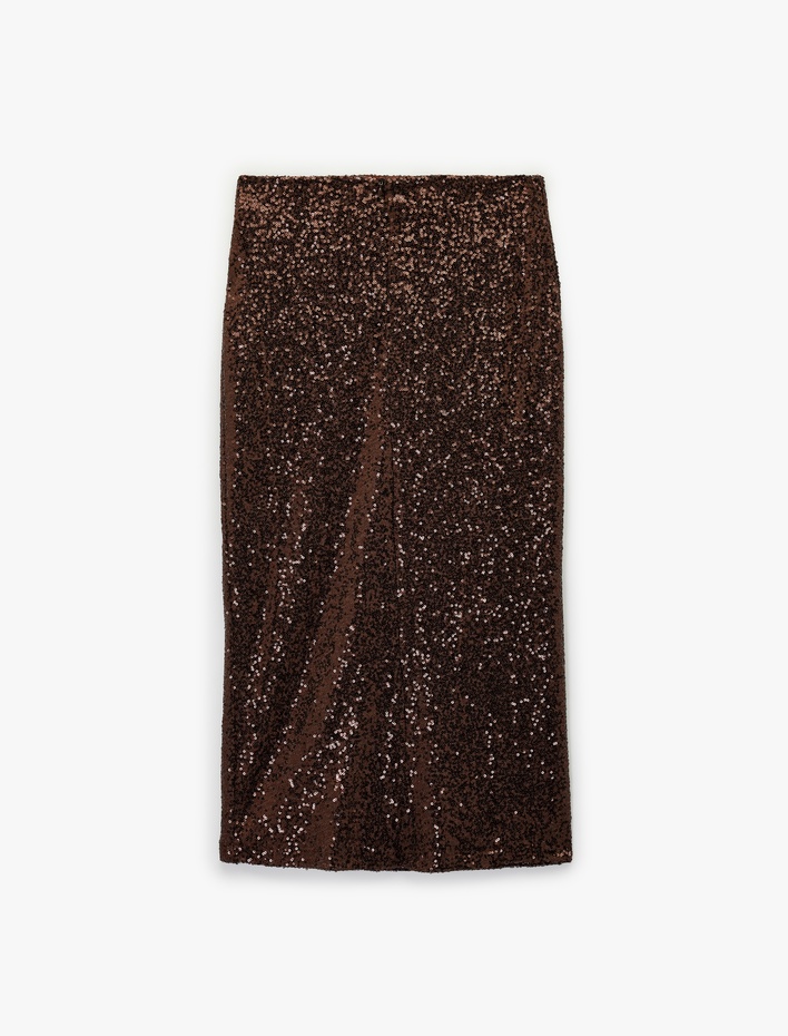  Pullu Payetli Slim Fit Midi Abiye Etek