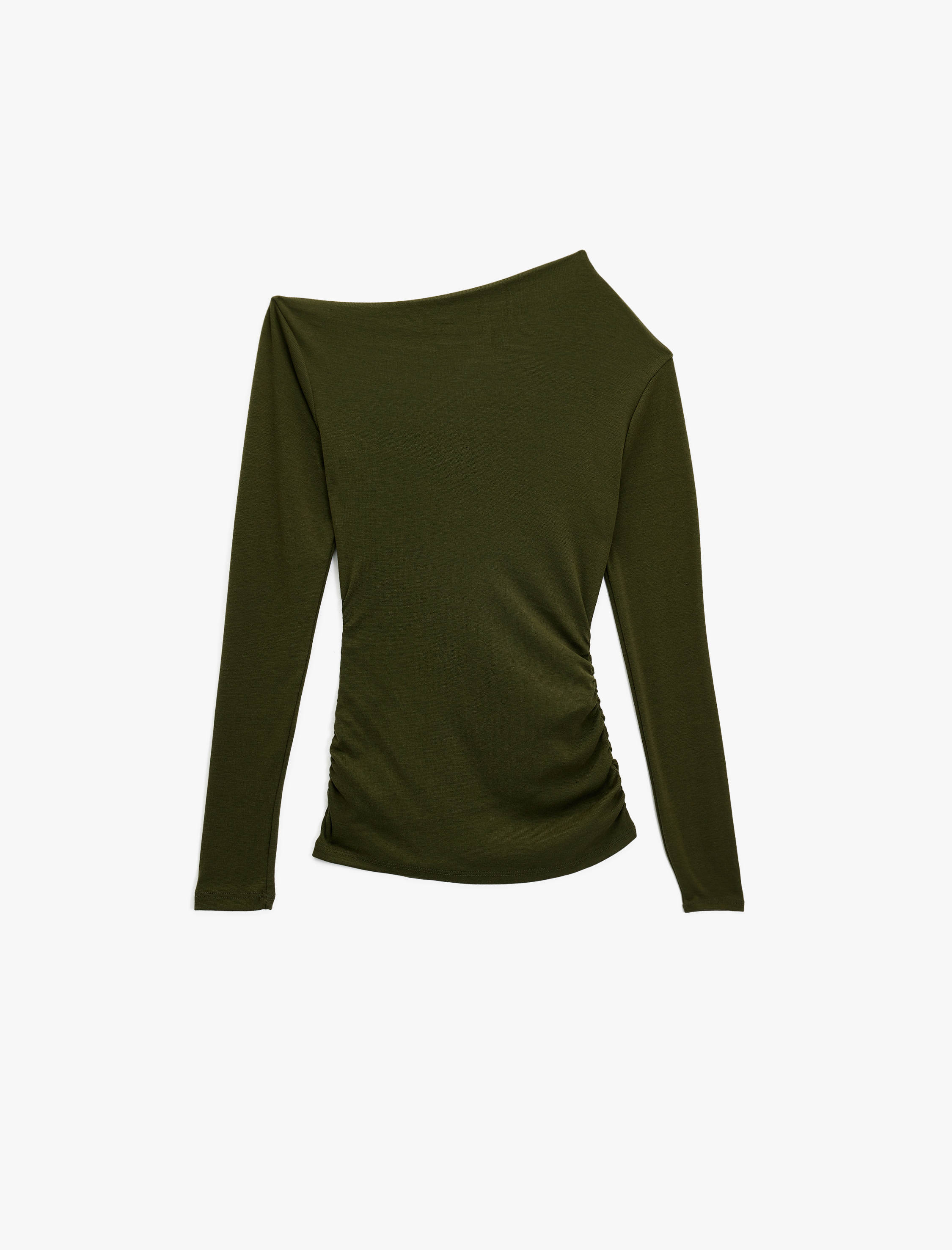   Slim Fit Drapeli Asimetrik Yaka Uzun Kollu Tişört