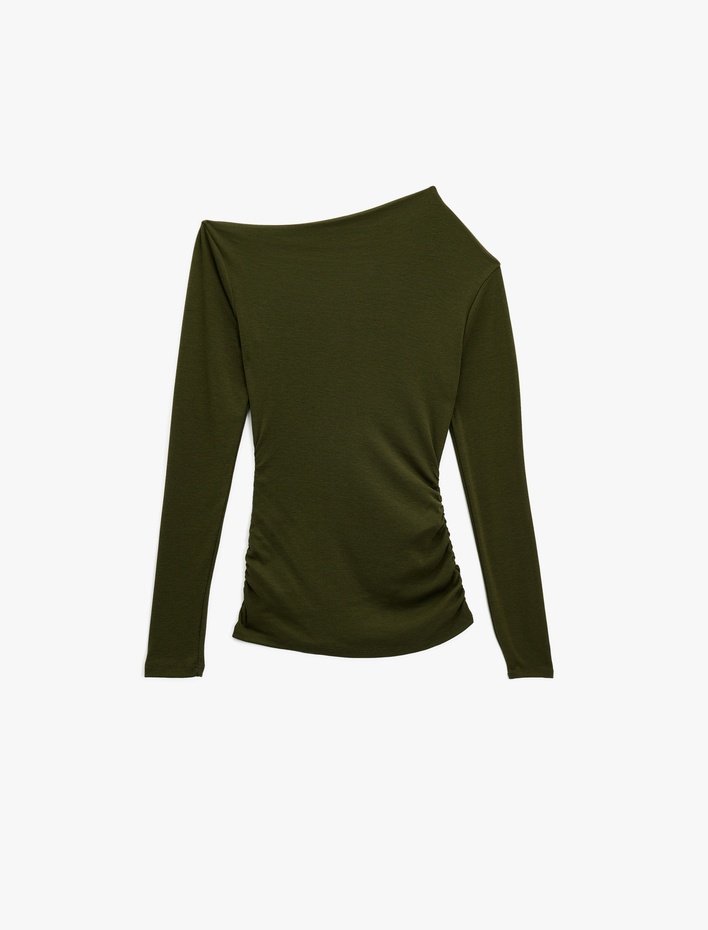  Slim Fit Drapeli Asimetrik Yaka Uzun Kollu Tişört