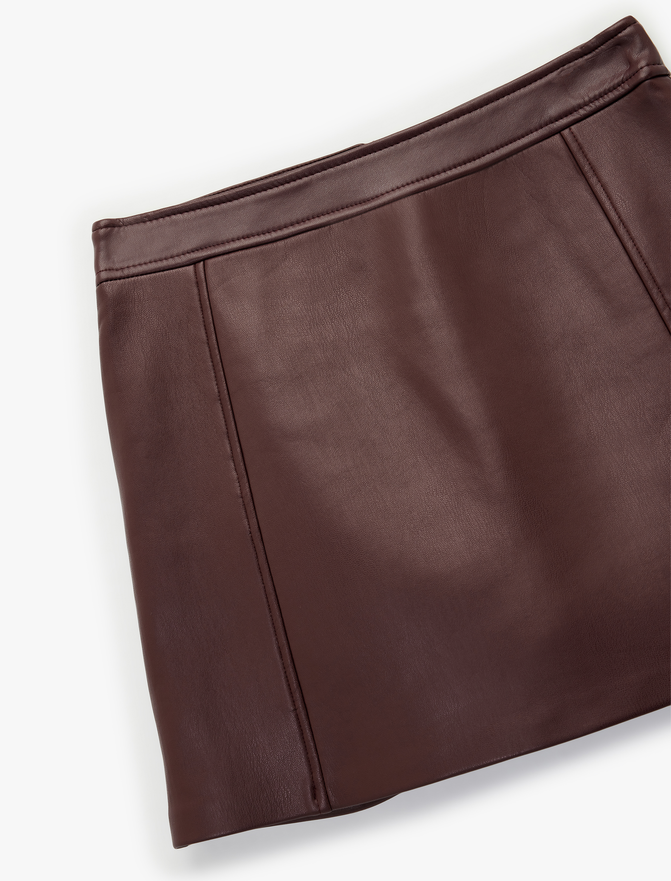   Dikiş Detaylı A Kesim Suni Deri Mini Etek