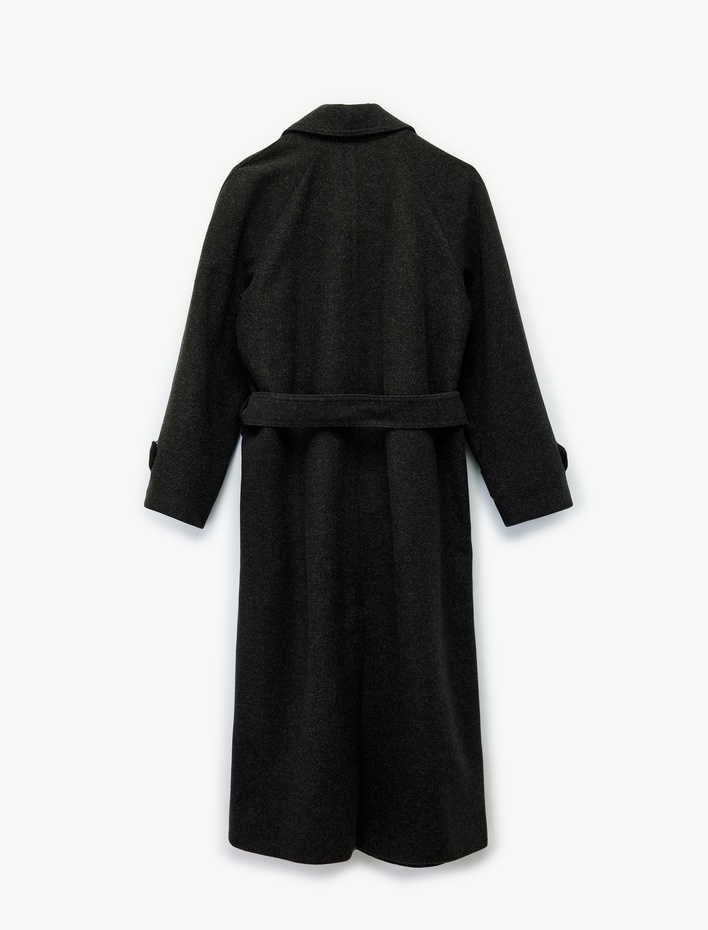  Uzun Kemerli Kaşe Kaban Uzun Kollu Düğmeli Cepli