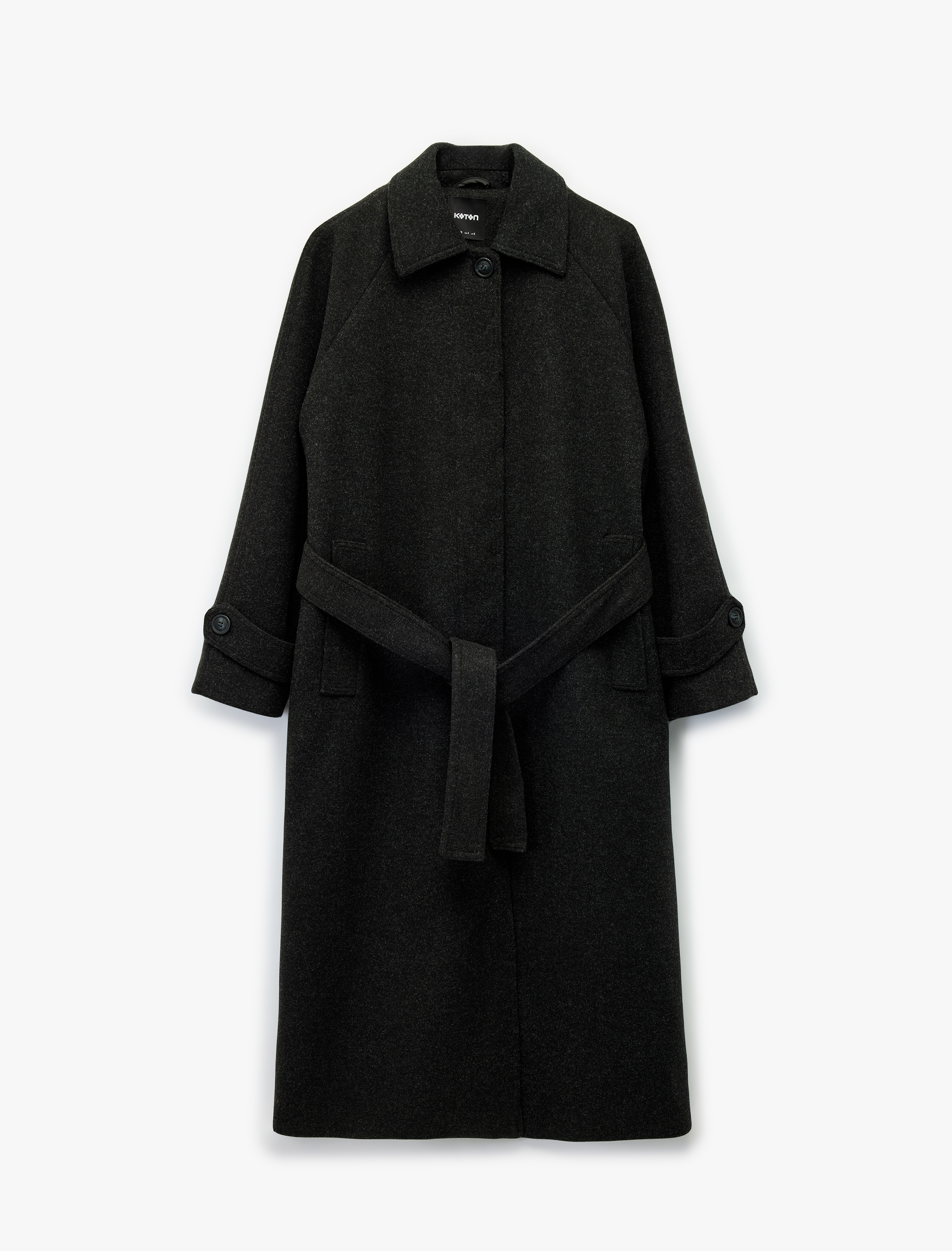   Uzun Kemerli Kaşe Kaban Uzun Kollu Düğmeli Cepli