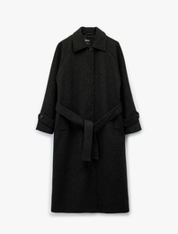 Uzun Kemerli Kaşe Kaban Uzun Kollu Düğmeli Cepli