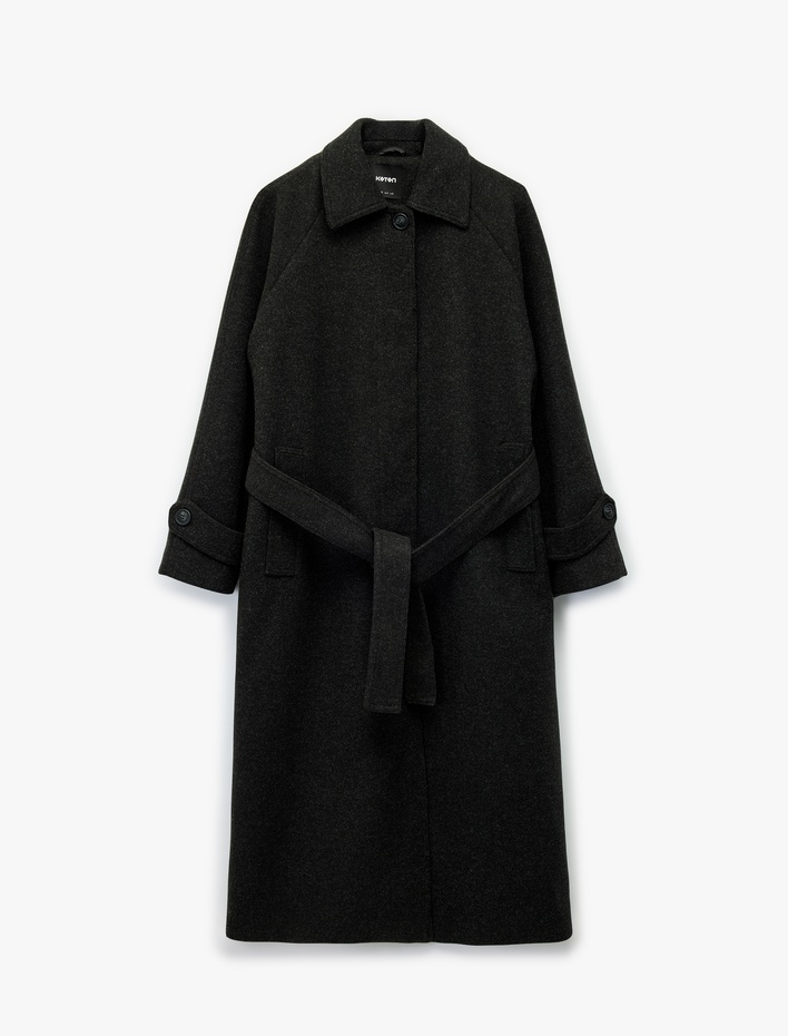  Uzun Kemerli Kaşe Kaban Uzun Kollu Düğmeli Cepli