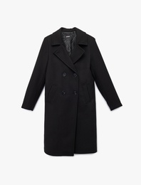 Uzun Kollu Düğmeli Kruvaze Kaşe Kaban