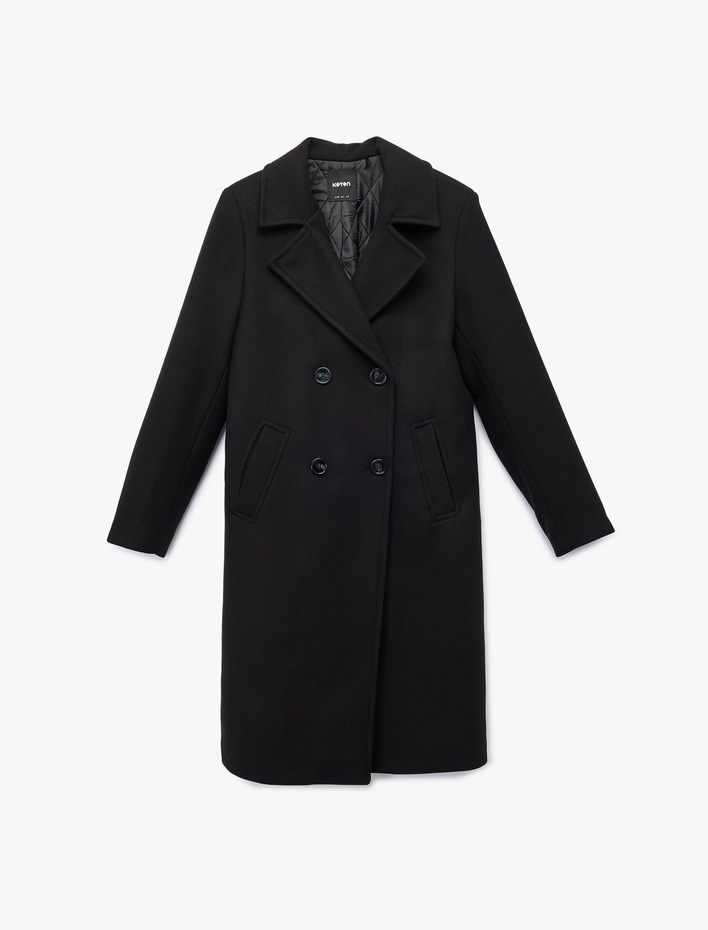  Uzun Kollu Düğmeli Kruvaze Kaşe Kaban