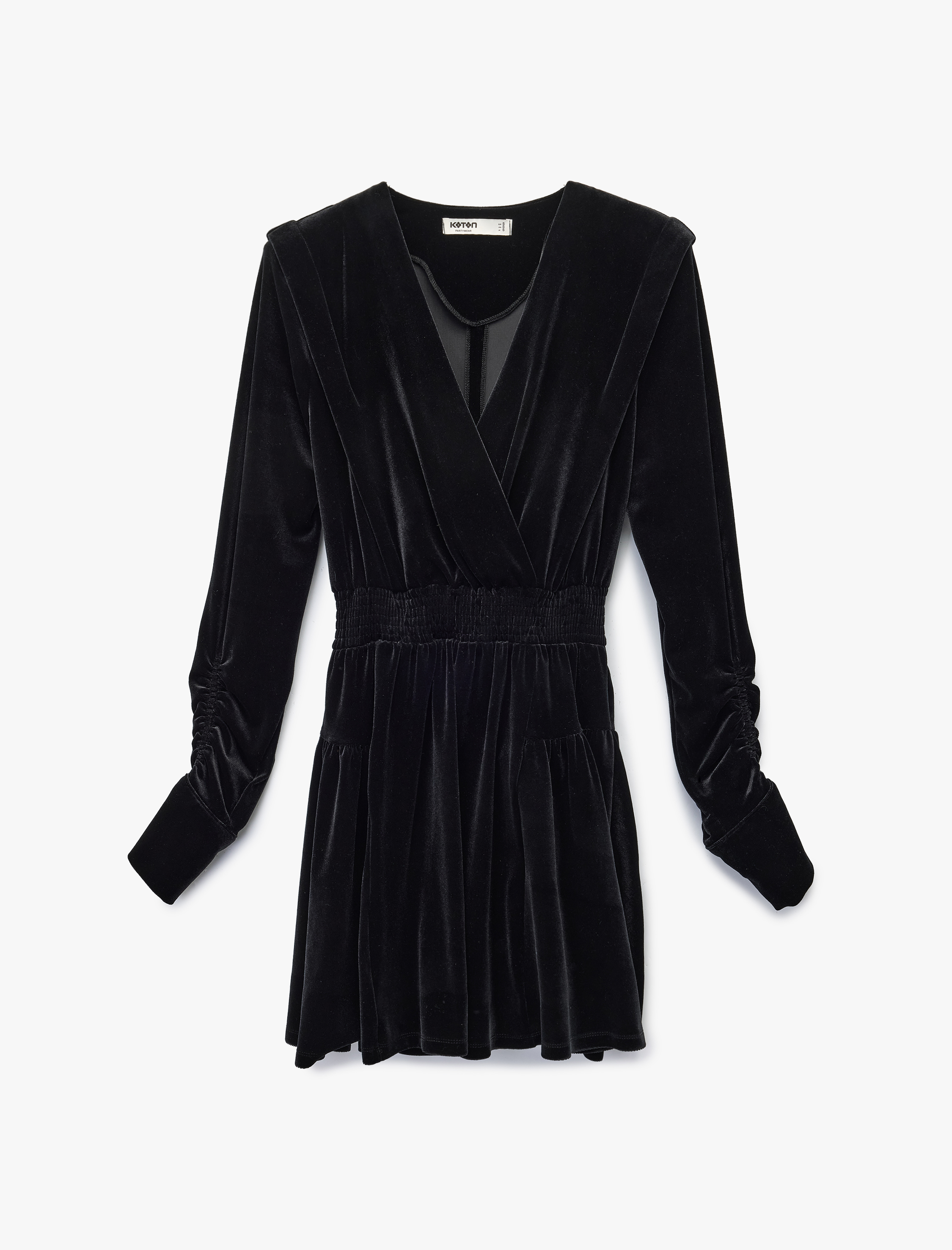   Kruvaze Yaka Uzun Kollu Büzgü Detaylı Kadife Mini Abiye Elbise