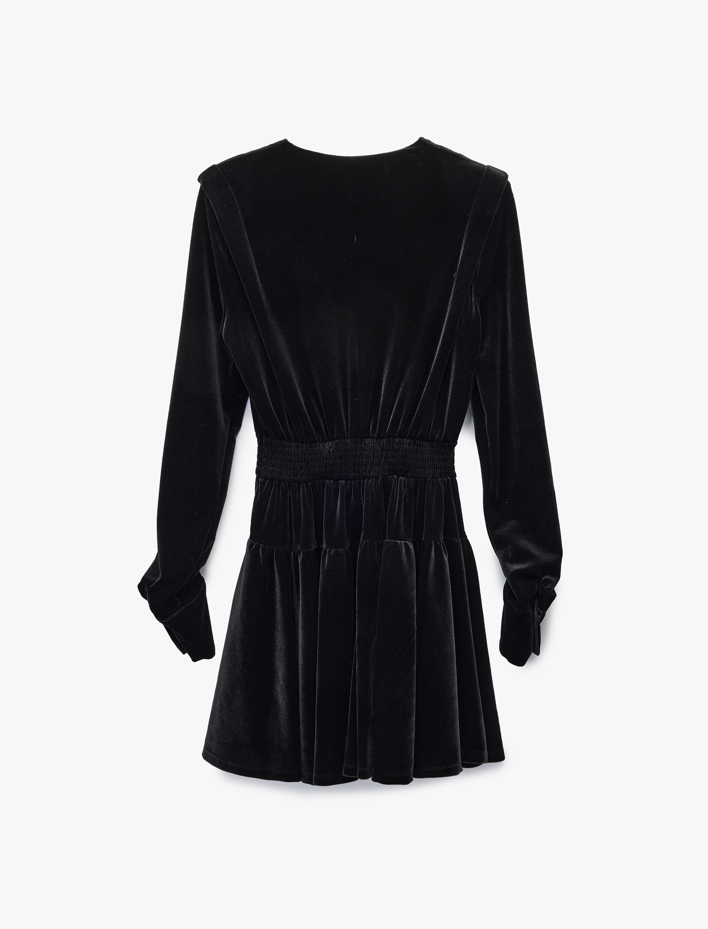   Kruvaze Yaka Uzun Kollu Büzgü Detaylı Kadife Mini Abiye Elbise