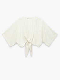 Bağlama Detaylı Yarım Kol V Yaka Keten Karışımlı Bluz