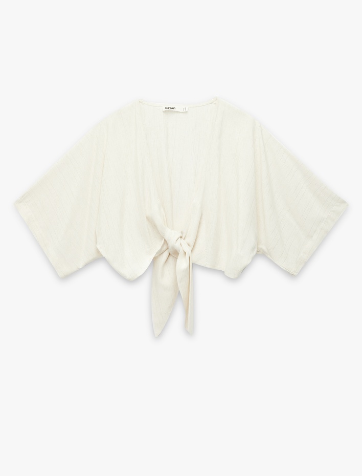  Bağlama Detaylı Yarım Kol V Yaka Keten Karışımlı Bluz