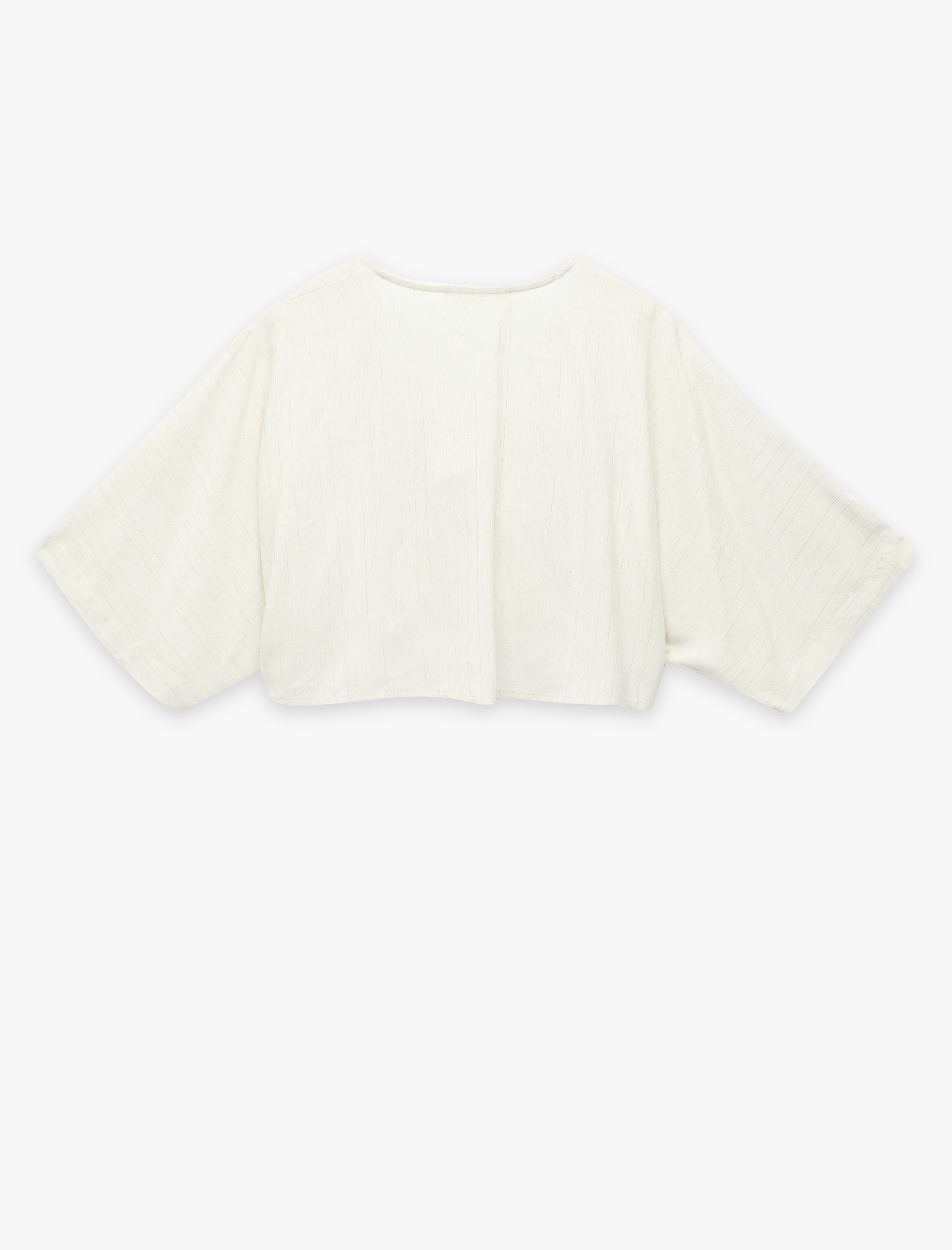   Bağlama Detaylı Yarım Kol V Yaka Keten Karışımlı Bluz