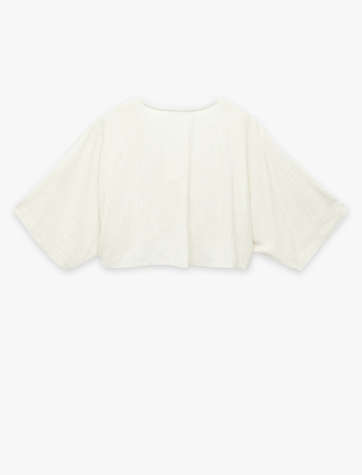  Bağlama Detaylı Yarım Kol V Yaka Keten Karışımlı Bluz