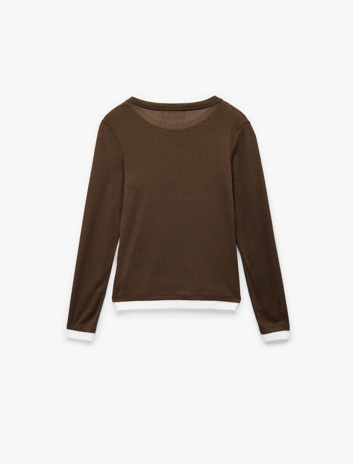  Bisiklet Yaka Biyeli Slim Fit Viskon Karışımlı Uzun Kollu Tişört