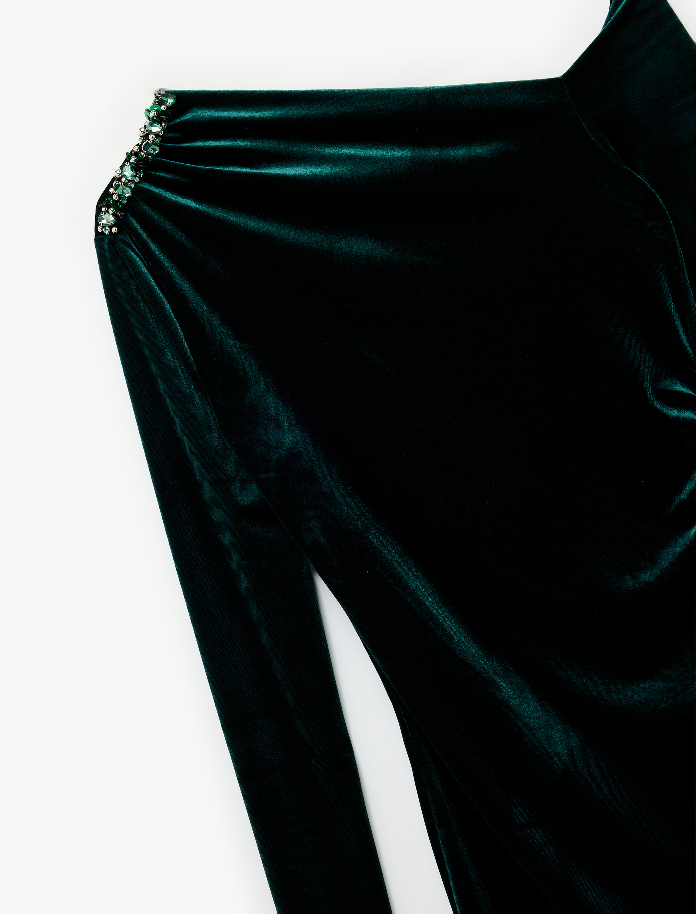   Slim Fit Uzun Kollu Asimetrik Yaka Taşlı Mini Kadife Elbise