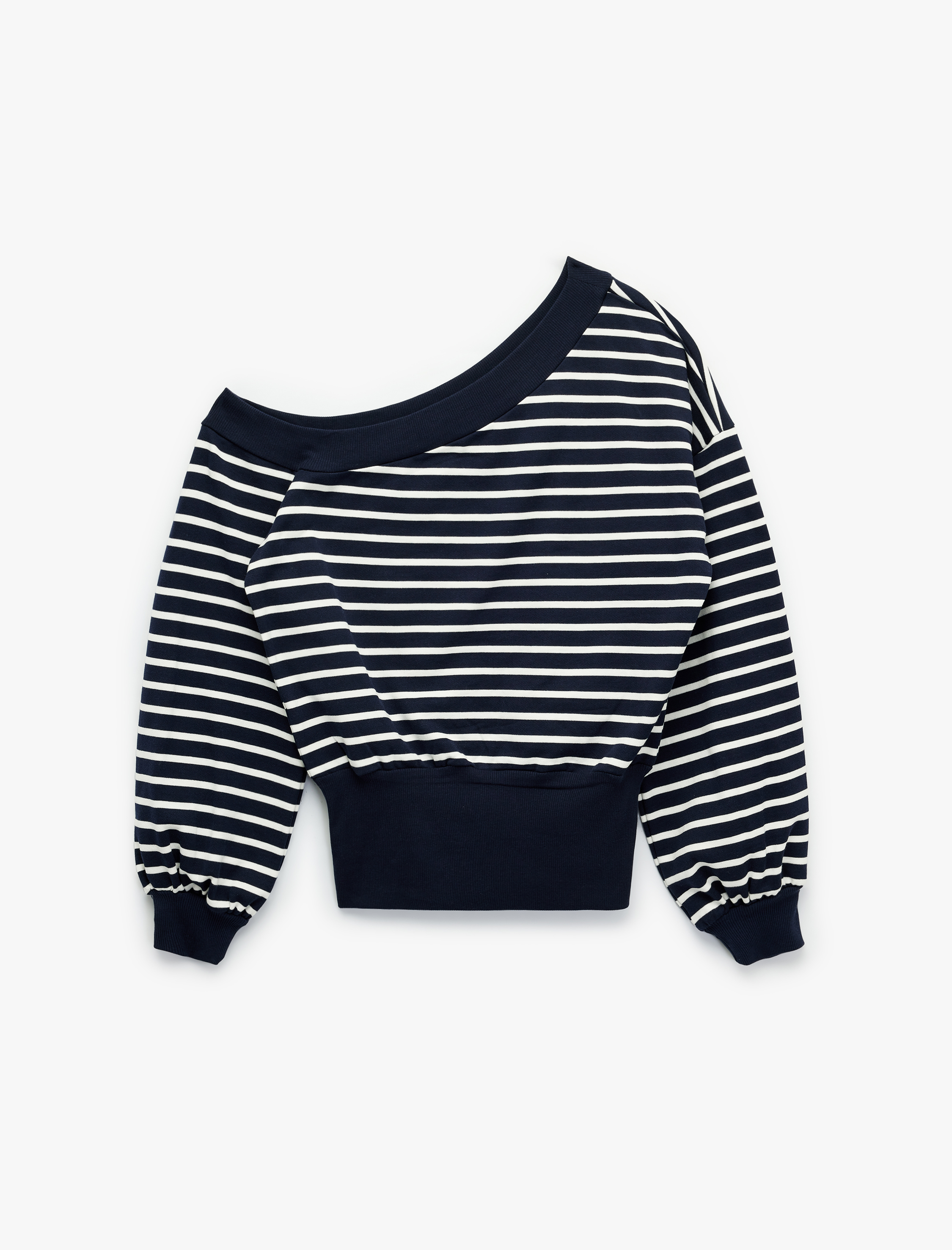  Çizgili Uzun Kollu Kayık Yaka Rahat Kalıp Omzu Açık Crop Sweatshirt