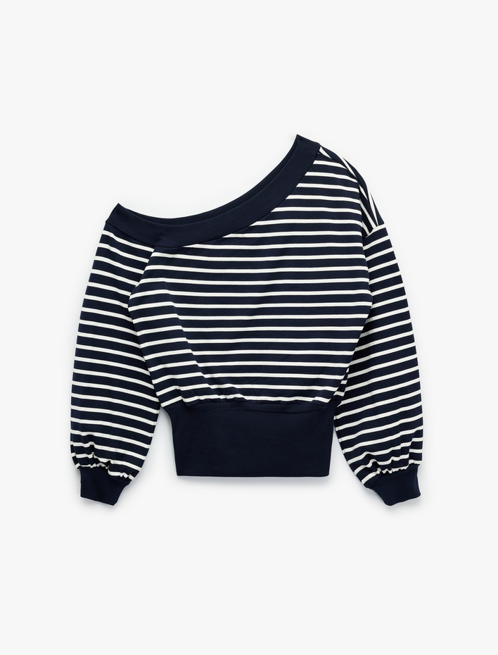  Çizgili Uzun Kollu Kayık Yaka Rahat Kalıp Omzu Açık Crop Sweatshirt