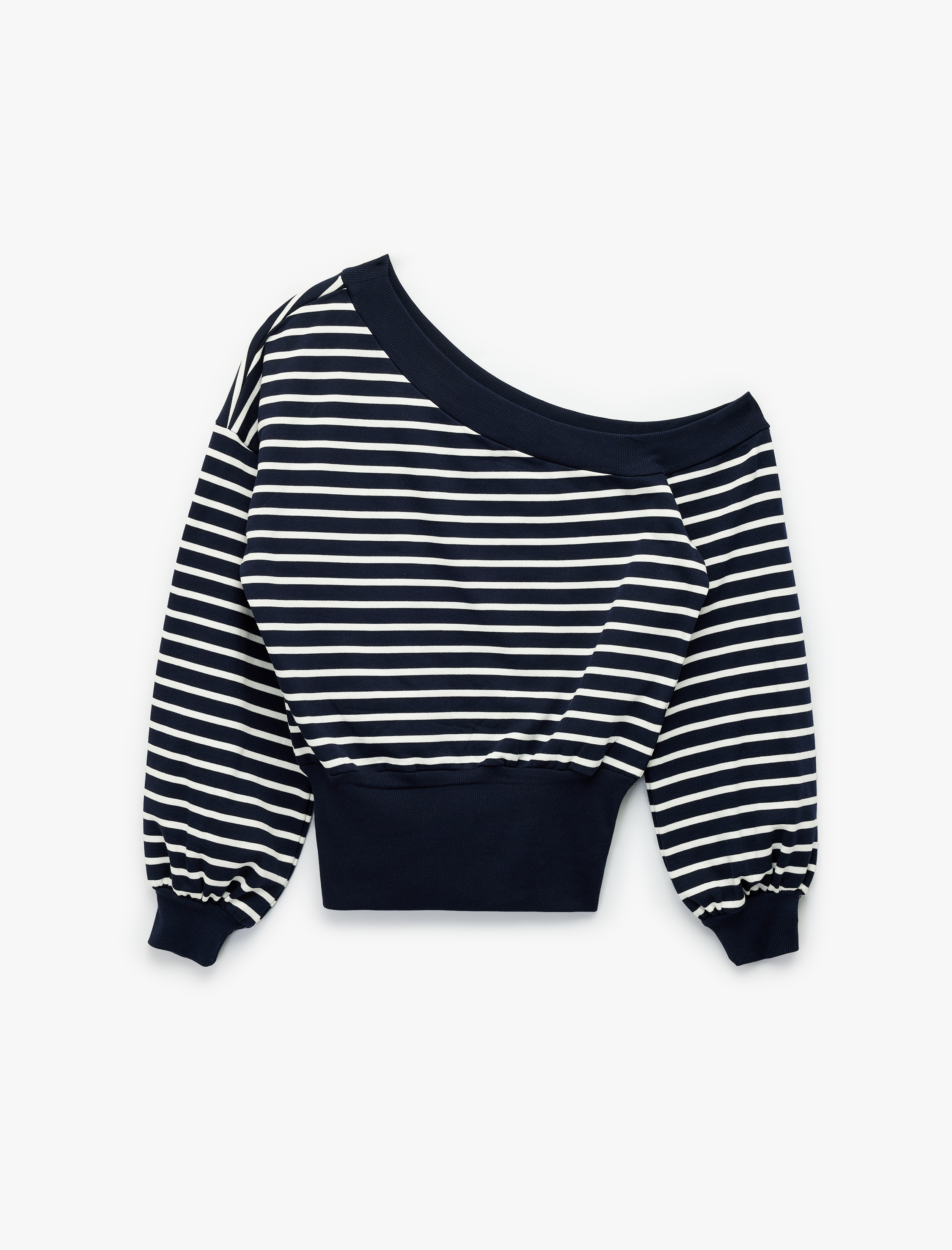   Çizgili Uzun Kollu Kayık Yaka Rahat Kalıp Omzu Açık Crop Sweatshirt